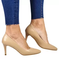 Czółenka - DAMSKIE CZÓŁENKA SZPILKI NA NISKIM OBCASIE SERGIO LEONE 1336 COFFI BEŻOWE MATOWE - miniaturka - grafika 1