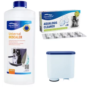 Zestaw do Ekspresu Philips Saeco, Filtr AL-Clean, Odkamieniacz Uniwersalny Aqualogis 1L, Tabletki Czyszczące Aqualogis Cleaneo 10 szt. - Akcesoria i części do ekspresów do kawy - miniaturka - grafika 1