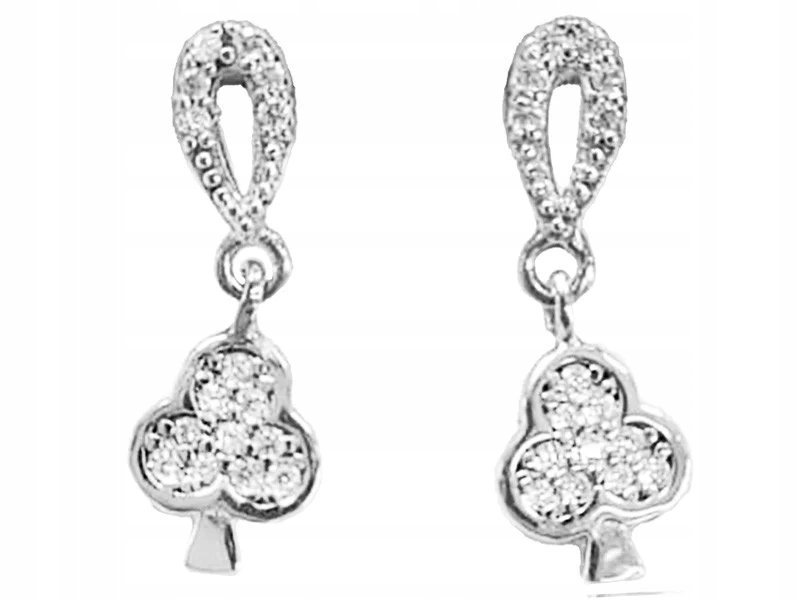 Wiszące srebrne kolczyki 925 trefl z białymi kamieniami na sztyft karty