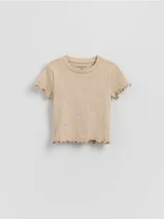 Reserved - Prążkowany t-shirt z haftem - beżowy - Bluzki dla niemowląt - miniaturka - grafika 1
