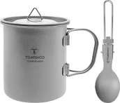 Łyżeczki - Kubek do kawy ze stopu tytanu z pokrywką, kubek kempingowy ze składanym uchwytem, ultralekki kubek na wodę (kubek 450 ml z pokrywką + składana łyżeczka) - miniaturka - grafika 1