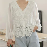 Swetry damskie - TEMU Lekki szifonowy kardigan damski z długim rękawem, z etnicznym wzorem szydełkowym, dekoltem w serek i koronkową osłoną. Idealny do warstwowania - miniaturka - grafika 1