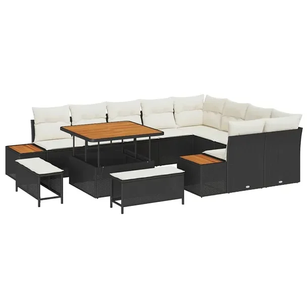 Zestaw 5 Elementów Sofy Modułowej, Rattan, Czarny, Kremowe Poduszki