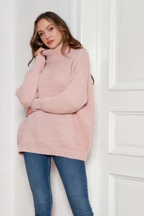 Oversizowy Sweter z Luźnym Golfem - Różowy - Swetry damskie - miniaturka - grafika 1