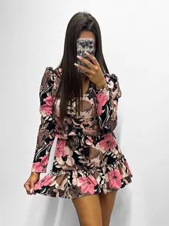 Sukienki i spódniczki dla dziewczynek - Sukienka beżowa w różowe kwiaty Camilla z falbanką długi rękaw - PERFE - grafika 1