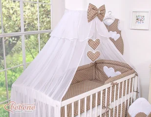 Duża moskitiera do łóżeczka dziecięcego z białego szyfonu z serduszkami i kokardą - grochy na brązie - Pościel dla dzieci Duża moskitiera do łóżeczka dziecięcego z białego szyfonu z serduszkami i kokardą - grochy na brązie - Pościel dla dzieci - miniaturka - grafika 1