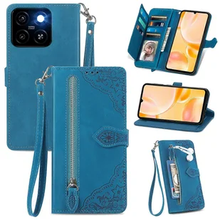 Dla ZTE Blade A55 Etui Portfel na zamek błyskawiczny PU Skórzany kwiatowy pokrowiec na telefon - niebieski Wielobarwny Blue - Portfele - miniaturka - grafika 1