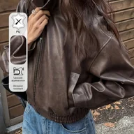 Kurtki damskie - TEMU Elegancka brązowa kurtka bomber damska - płaszcz zapinany na zamek z kołnierzykiem, dopasowany krój na jesień/zimę, do biura, na imprezę - miniaturka - grafika 1