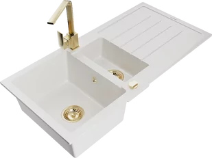 Mexen Andres zlewozmywak granitowy 1,5-komorowy z ociekaczem i baterią kuchenną Rita, biały - 6515-20-670300-50 - Zlewozmywaki z baterią - miniaturka - grafika 1