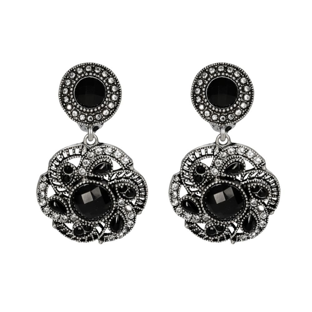 Klipsy do uszu srebrne wiszące czarne vintage z kryształkami