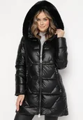 Kurtki damskie - Czarna Pikowana Kurtka z Kapturem i Futerkiem Sahria - miniaturka - grafika 1