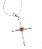 Biżuteria religijna - Srebrny krzyżyk z bursztynem - miniaturka - grafika 1