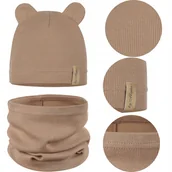 Czapki damskie - CZAPKA + KOMIN komplet DZIECIĘCY z USZKAMI JESIEŃ JESIENNY 42-46 BRĄZOWY - miniaturka - grafika 1