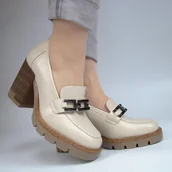 Półbuty damskie - VINCEZA 58258 damskie półbuty na słupku wkładka skóra beżowe - miniaturka - grafika 1