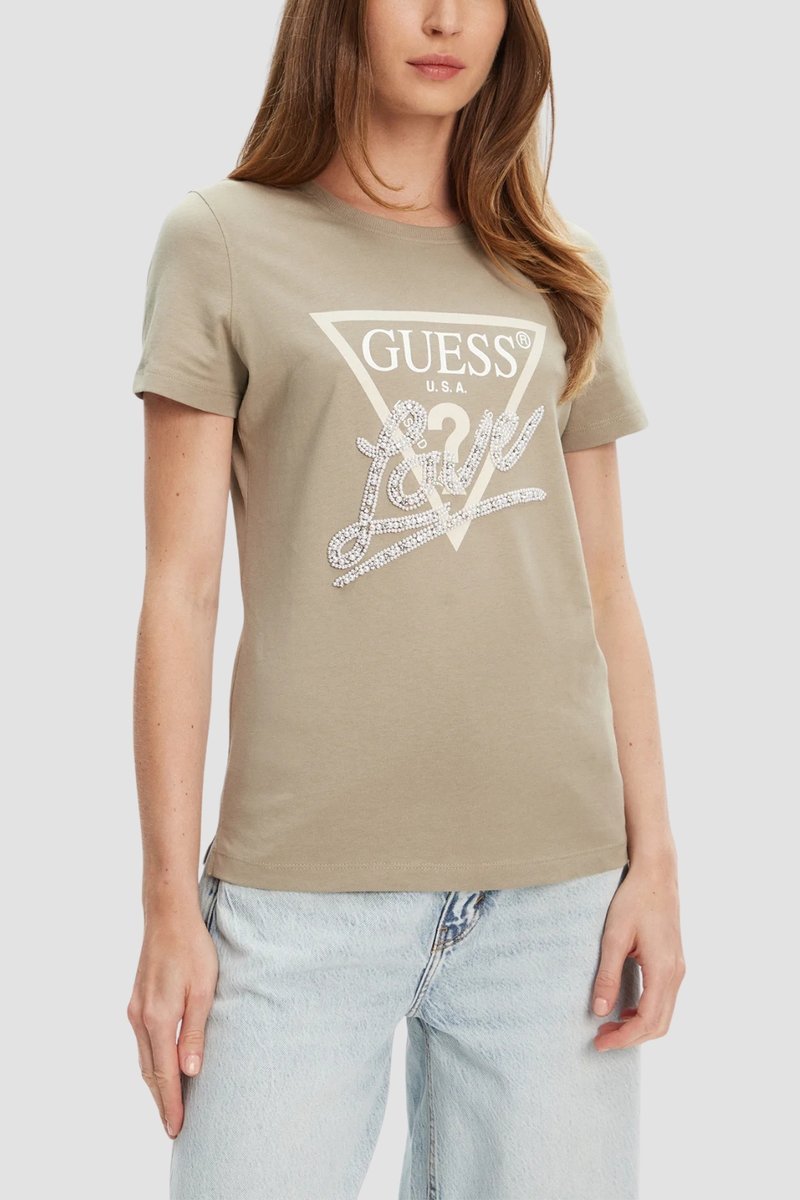 GUESS Zielony damski t-shirt Pearls Love XS