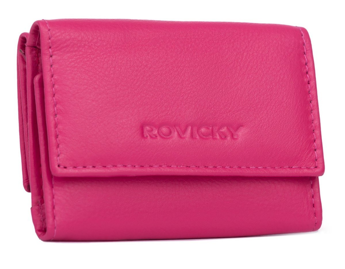 Portfel skórzany damski Rovicky na zatrzask klasyczna portmonetka na karty i gotówkę, różowy