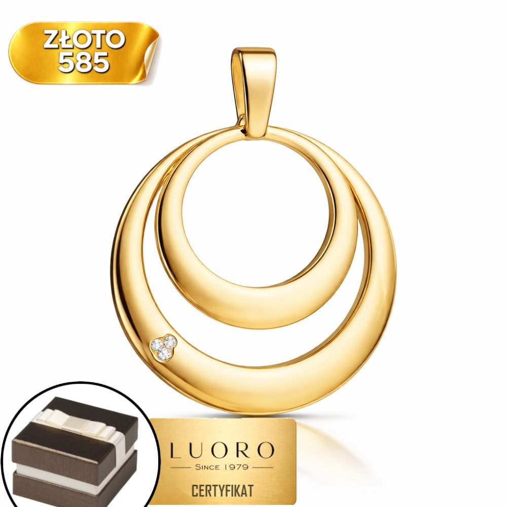 ZAWIESZKA ZŁOTA 585 14K DWA KÓŁKA Z CYRKONIAMI MODNY WZÓR 3,2 CM