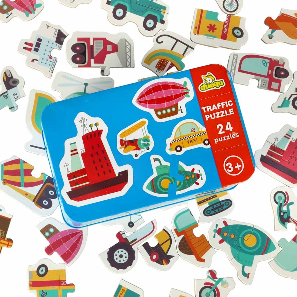 Puzzle w Puszce Układanka Edukacyjna dla Dzieci Pojazdy Zestaw 24 Puzzli