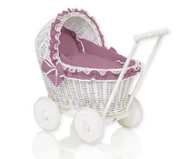 Wózki dla lalek - Wiklinowy wózek dla lalek pchacz biały z pościelką róż retro i miękką wyściółką CHIARA - miniaturka - grafika 1