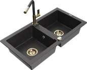 Zlewozmywaki z baterią - Mexen Mario zlewozmywak granitowy 2-komorowy z baterią kuchenną Flora, czarny nakrapiany - 6504-76-670401-57-G - miniaturka - grafika 1
