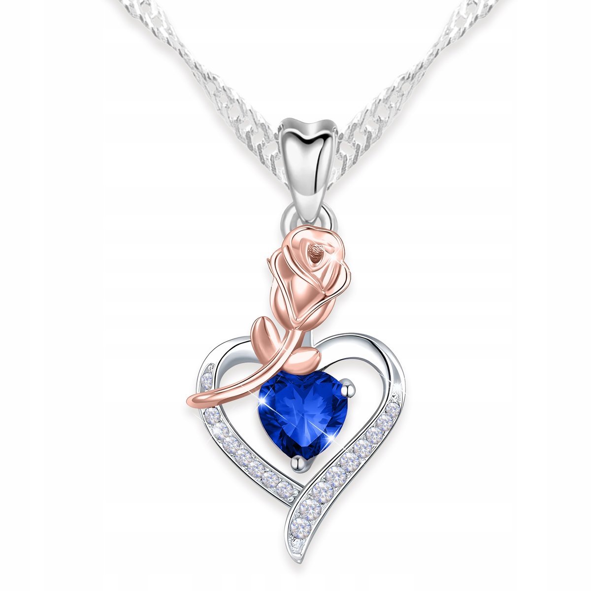Naszyjnik Srebrny z Cyrkonią Serce Róża Niebieska Cyrkonia Kwiat SREBRO 925