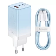 Ładowarki do telefonów - Ładowarka sieciowa Baseus GaN3 Pro 2xUSB-C + USB, 65W + kabel 1m (niebieska) - miniaturka - grafika 1