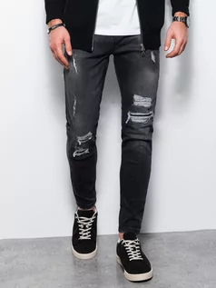 Spodnie męskie - Spodnie męskie jeansowe z dziurami SLIM FIT - czarne V1 P1078 - grafika 1