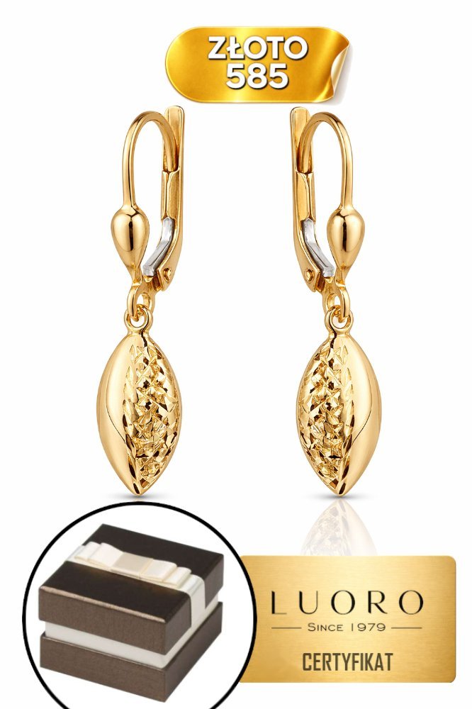 KOLCZYKI ZŁOTE 585 14K WISZĄCE OWAL PÓŁ DIAMENTOWANY 3 CM ELEGANCKIE