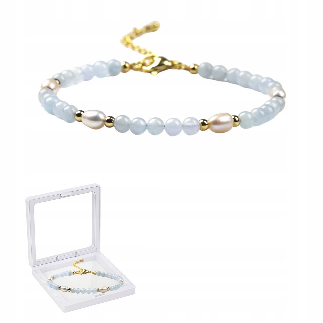 Bransoletka z Efektownych Koralików Błękitno-Perłowych 18+5 cm + Pudełko