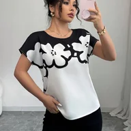 Koszule damskie - TEMU Bluzka Damska z Eleganckim Wzorem Kwiatowym - Czarno-Biała, Krótki Rękaw, Lekki Materiał na Wiosnę/, Idealna do Codziennego Noszenia lub Biura, - miniaturka - grafika 1