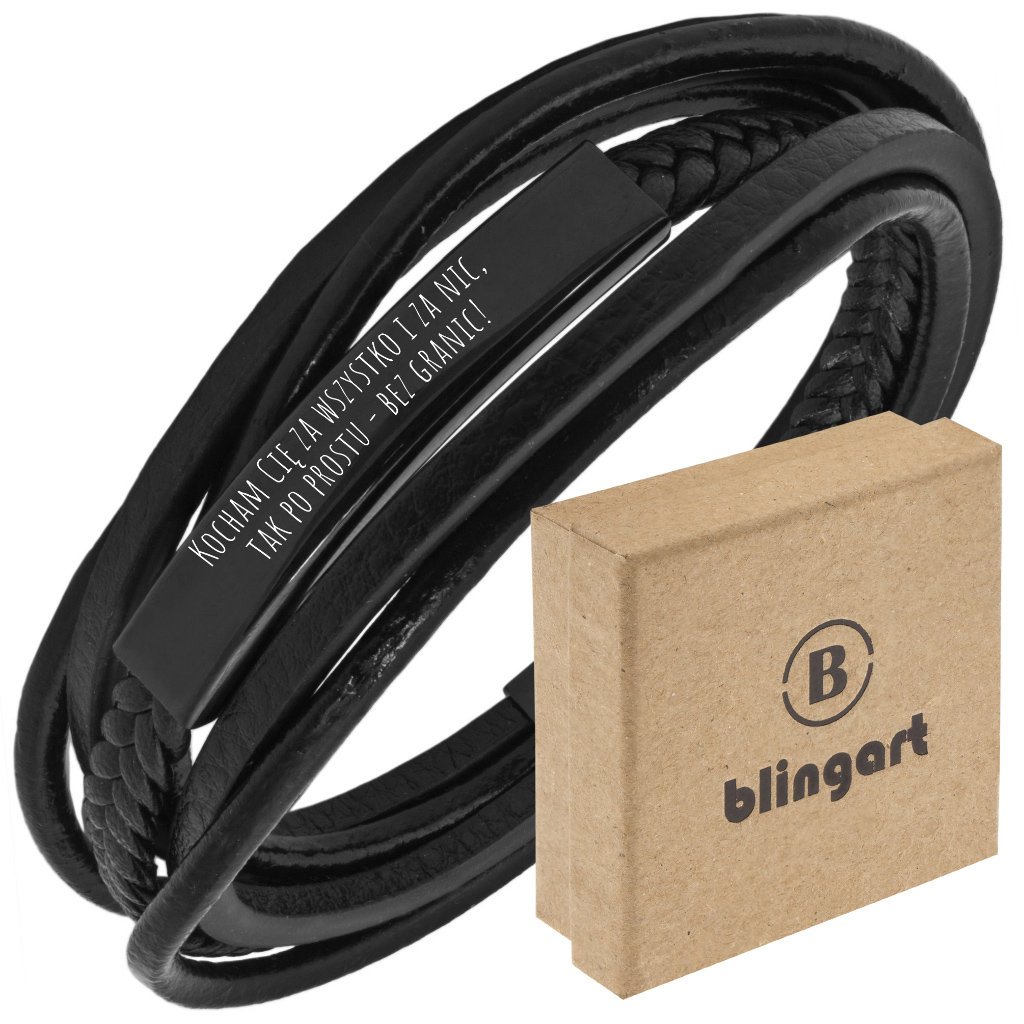 Bransoletka z GRAWEREM męska skórzana CZARNA BLASZKA PREZENT stal