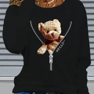 Bluzki damskie - TEMU Bluza Damska z Długim Rękawem - Czarny Miś Teddy z Łańcuszkiem Hello, Casual Sweter na Codzień i Na Stół, Pranie Maszynowe, Okrągły Dekolt, - miniaturka - grafika 1