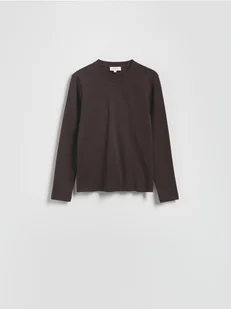 Reserved - Bawełniany longsleeve - ciemnobrązowy - Bluzki damskie - miniaturka - grafika 1