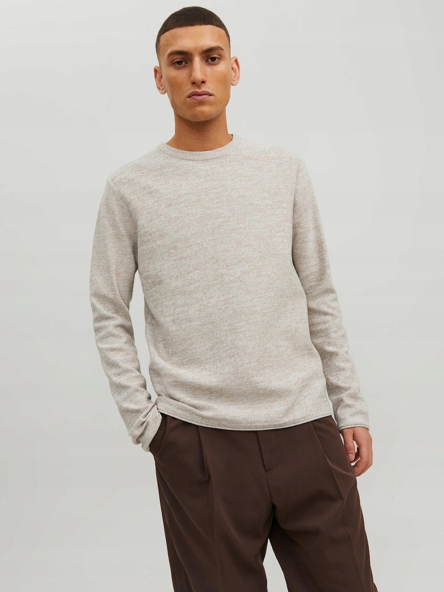 JACK & JONES BEŻOWY SWETER MĘSKI Z OKRĄGŁYM DEKOLTEM L 12FA