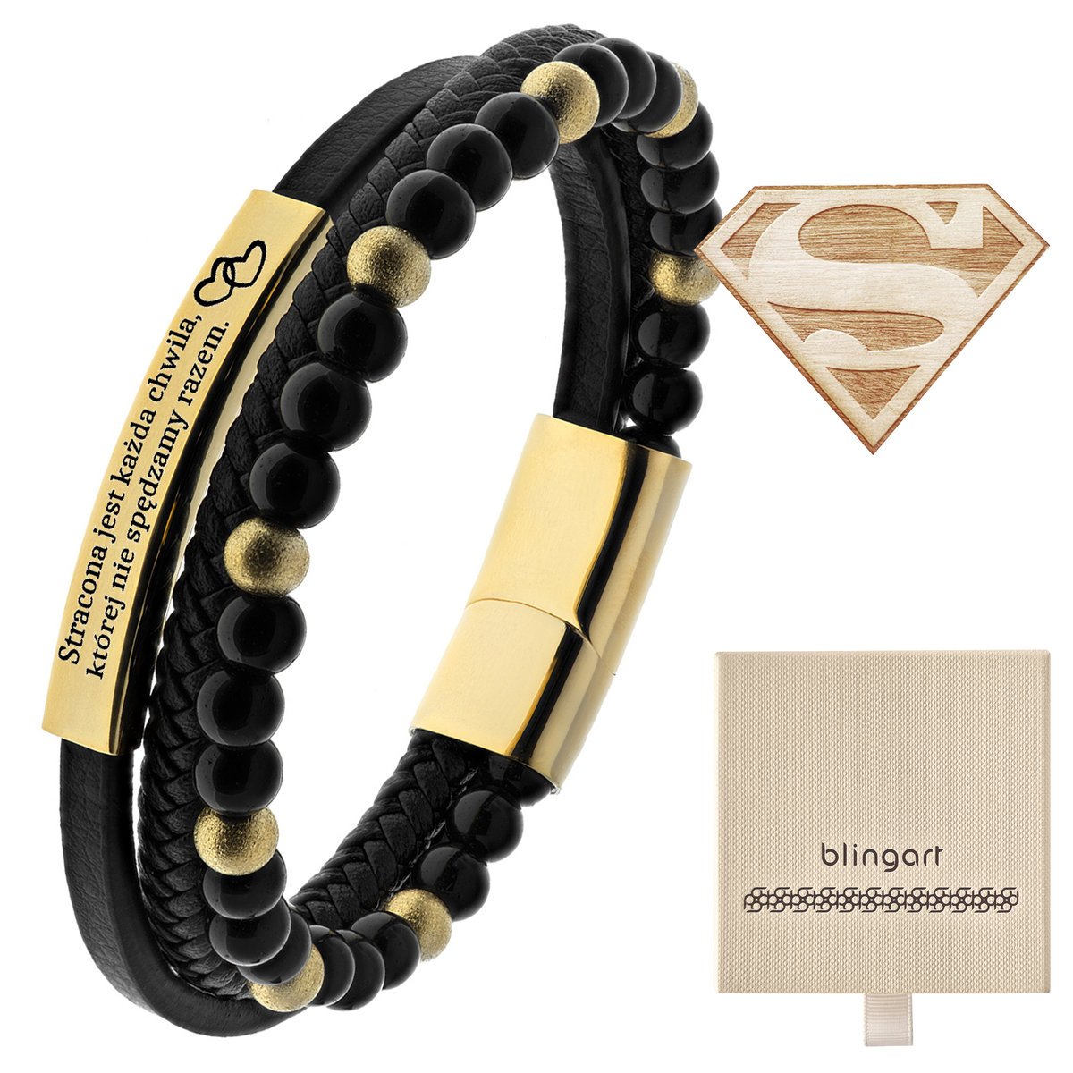 Bransoletka z GRAWEREM skórzana KORALIKI stal