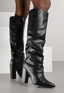 Kozaki damskie - Czarne Eleganckie Kozaki do Kolana na Słupku z Marszczoną Cholewką Badira - miniaturka - grafika 1