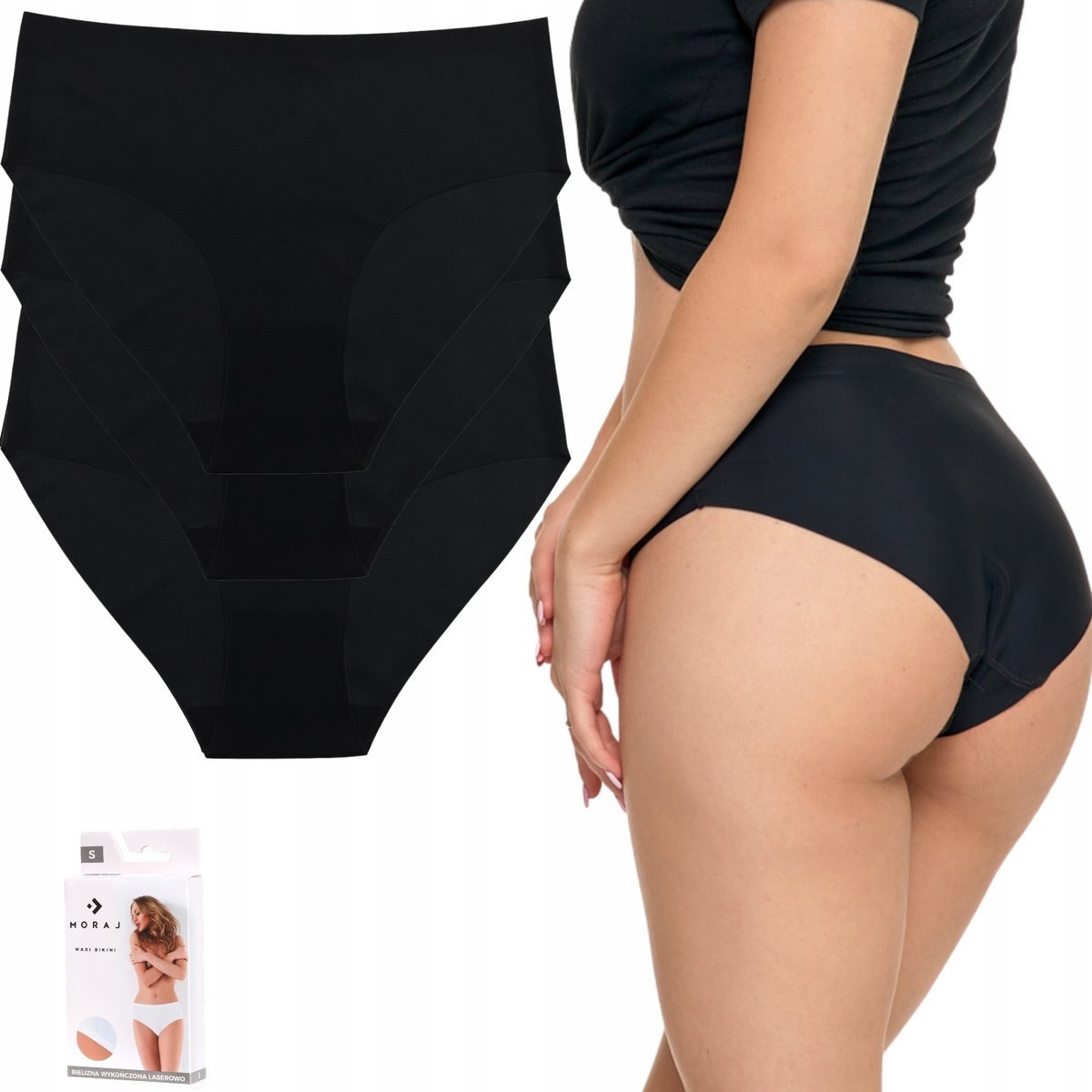3X MAJTKI DAMSKIE BEZSZWOWE LASEROWO CIĘTE WYGODNE WYSOKI STAN MORAJ XL BLACK