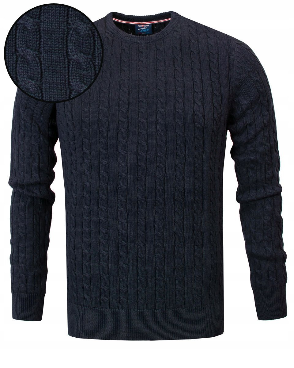 Ciepły i Modny SWETER Męski GRANATOWY z Warkoczami Bawełniany Pako Jeans