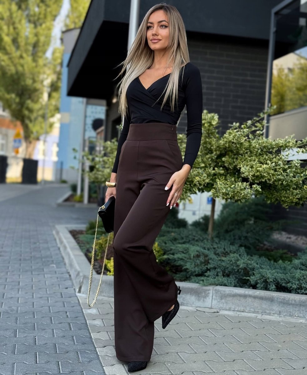 Eleganckie Spodnie Wysoki Stan Szeroka Nogawka Komfort Czekolada L