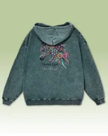 Bluzy damskie - Bluza oversize z kapturem Horse Girl Kolorowy Koń Sprana Ciemnozielony XL - miniaturka - grafika 1