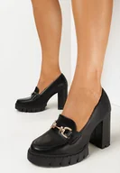 Mokasyny damskie - Czarne Mokasyny na Wysokim Słupku i Grubej Platformie z Metalową OzdobąRamvli - miniaturka - grafika 1