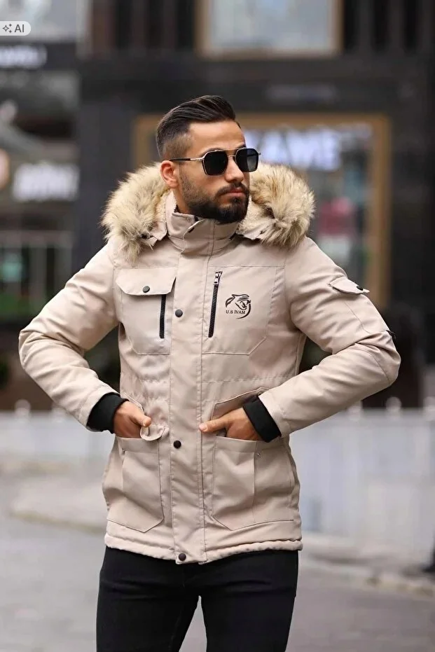 MĘSKA KURTKA PARKA BEŻOWA Z FUTERKIEM SPORTOWA XXL 5IA