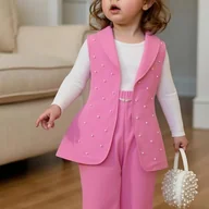 Spodnie i spodenki dla dziewczynek - TEMU Zestaw Trzech Stylowych Białych Koszulek z Długim Rękawem i Okrągłym Dekoltem + Różowa Kamizelka z Perłowymi Ozdobami + Szerokie Spodnie z - miniaturka - grafika 1