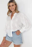Koszule damskie - Biała Przezroczysta Koszula z Haftem z Szerokimi Rękawami z Bawełny Filneya - miniaturka - grafika 1