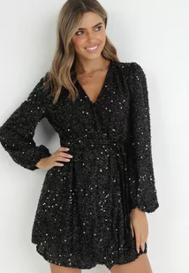 Czarna Sukienka Cekinowa z Kopertowym Dekoltem Cidoly - Sukienki - miniaturka - grafika 1