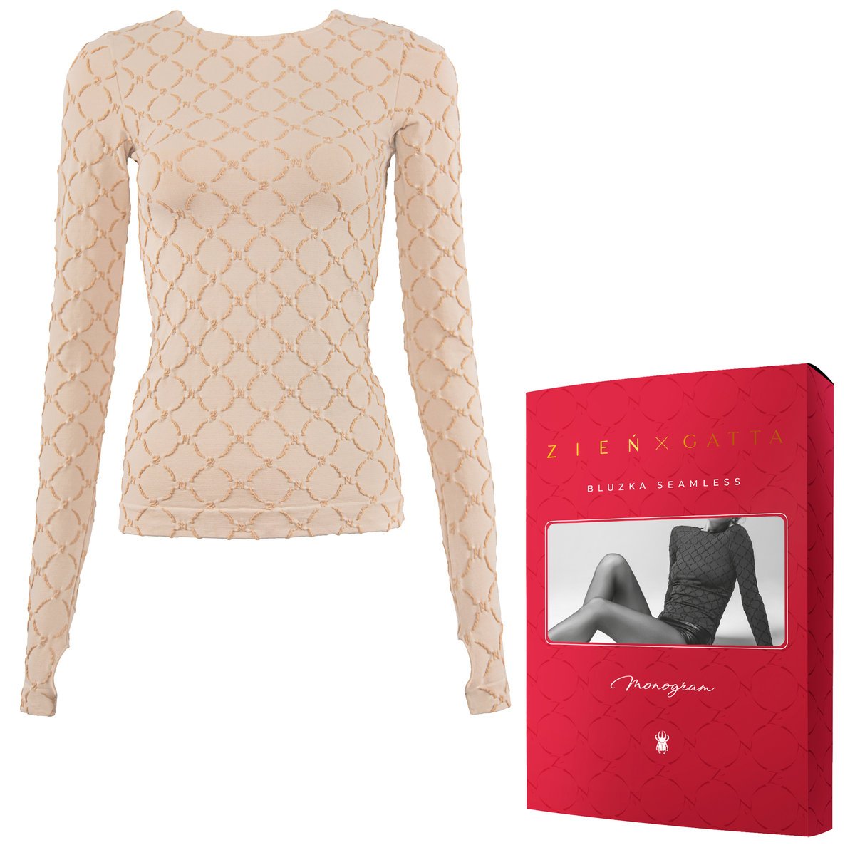 Gatta Bluzka damska Seamless Monogram - projektu MACIEJA ZIENIA, z kolekcji POEM, długi rękaw, geometryczny wzór, miękka, elastyczna, z wycięciami n..