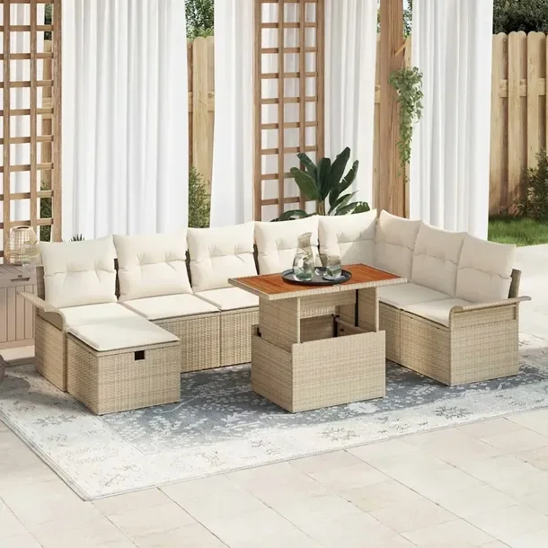 Zestaw Ogrodowy Sofa z Rattanu z Poduszkami, Beżowy, 9 Elementów
