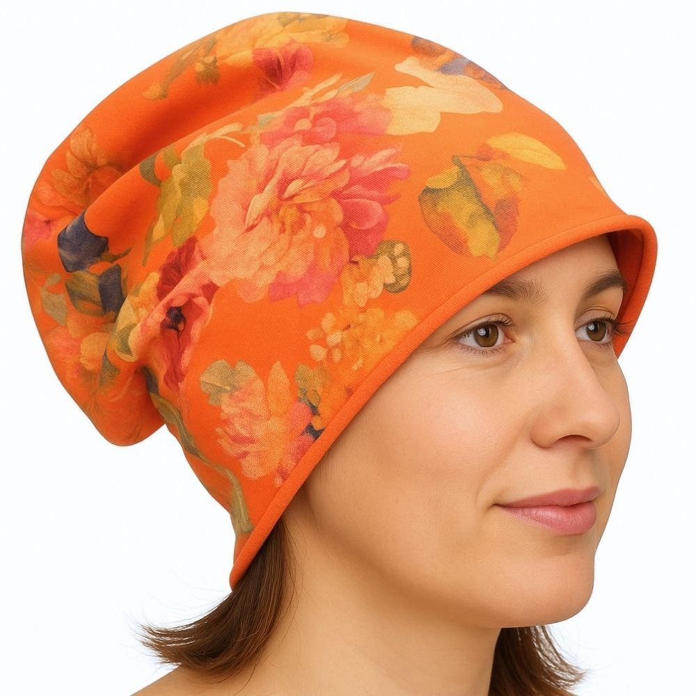 Czapka damska Beanie włoska cienka smerfetka pomarańczowa w kolorowe kwiaty