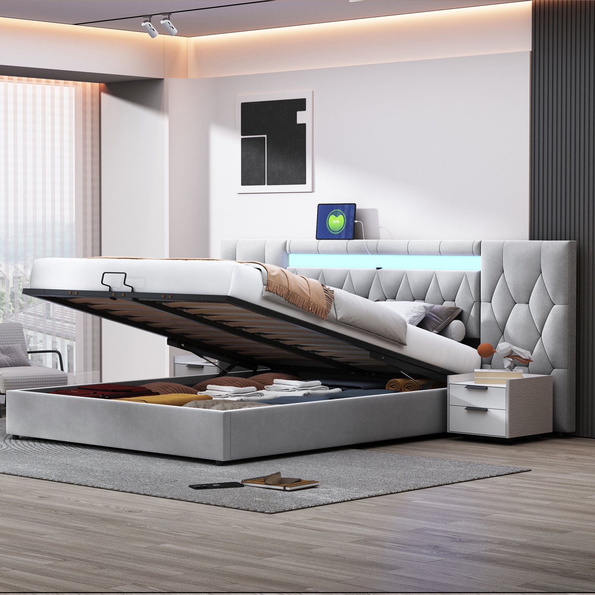 Łóżko tapicerowane Flieks 180x200cm z USB, schowek hydrauliczny łóżko podwójne łóżko młodzieżowe z LED, łóżko na sprężynach skrzyniowych łóżko drewniane ze stelażem z listew, aksamit, szary
