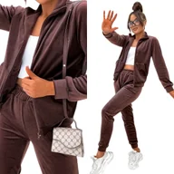 Dresy damskie - Damski Dres Komplet welurowy bez kaptura 771 [Kolor Brązowy, Rozmiar L/XL] - miniaturka - grafika 1